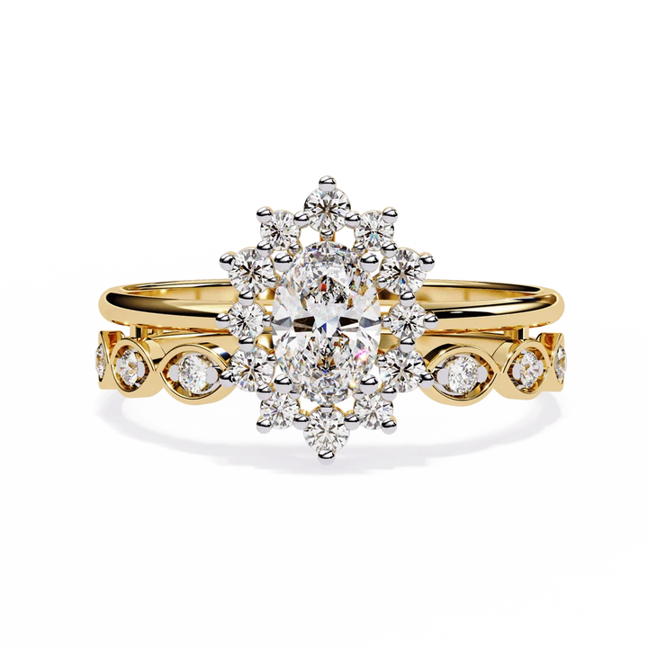 Vintage Floral Halo Diamond Gold Ring – Oval Center Diamond with Scrollwork Band