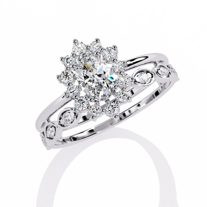 Vintage Floral Halo Diamond Gold Ring – Oval Center Diamond with Scrollwork Band