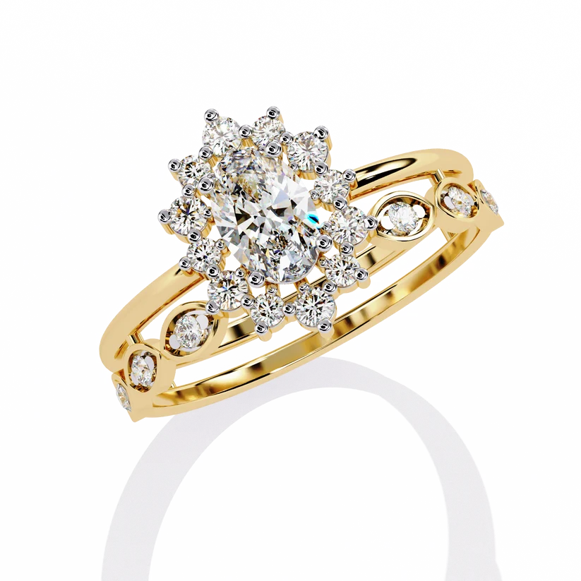 Vintage Floral Halo Diamond Gold Ring – Oval Center Diamond with Scrollwork Band