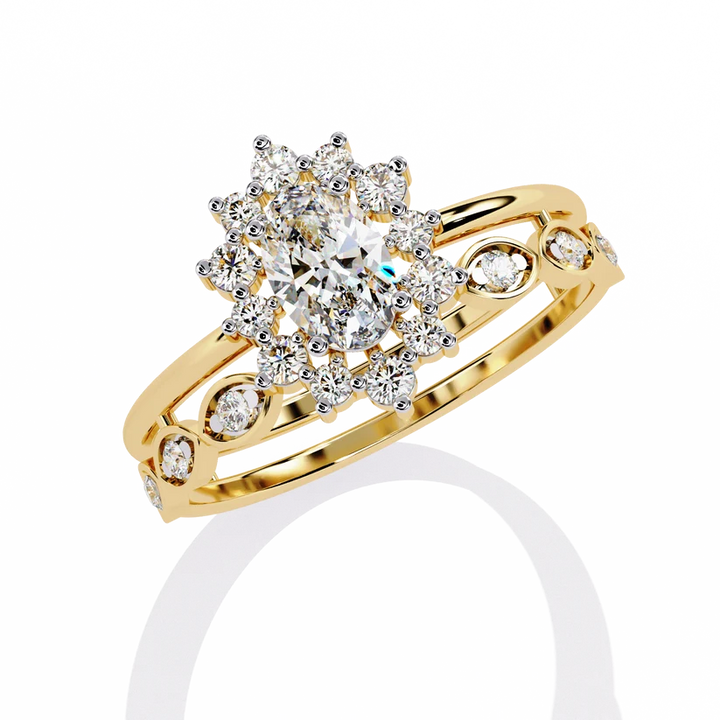 Vintage Floral Halo Diamond Gold Ring – Oval Center Diamond with Scrollwork Band