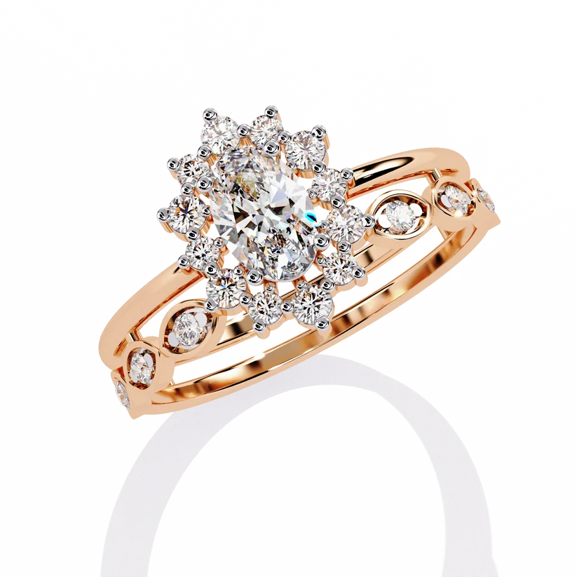 Vintage Floral Halo Diamond Gold Ring – Oval Center Diamond with Scrollwork Band