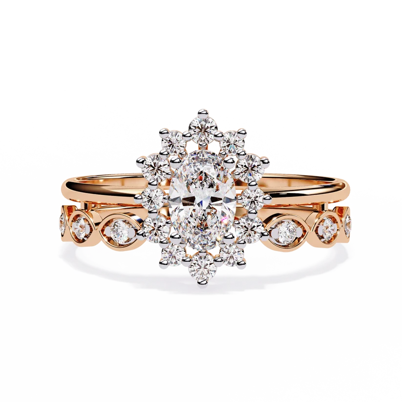 Vintage Floral Halo Diamond Gold Ring – Oval Center Diamond with Scrollwork Band