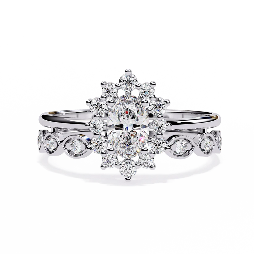 Vintage Floral Halo Diamond Gold Ring – Oval Center Diamond with Scrollwork Band