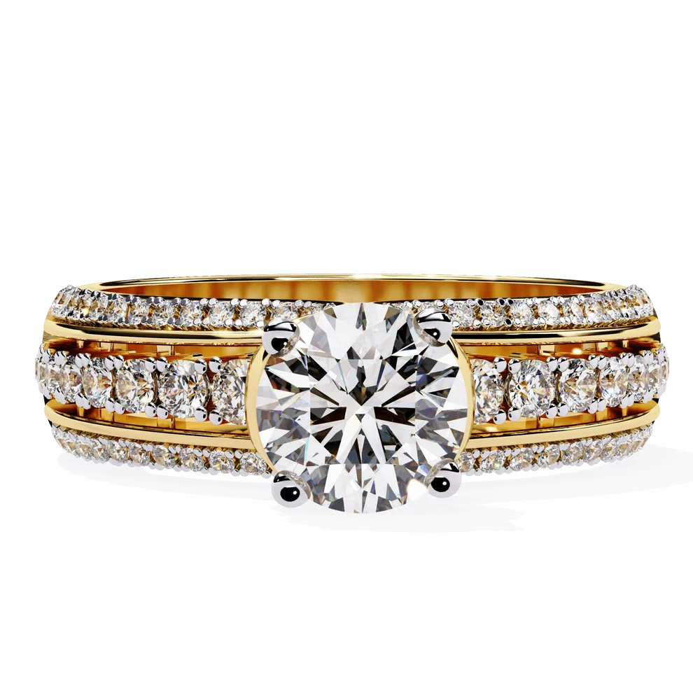 Luxury Round Brilliant Diamond Three-Row Gold Engagement Ring – Triple Pavé Band Statement Ring