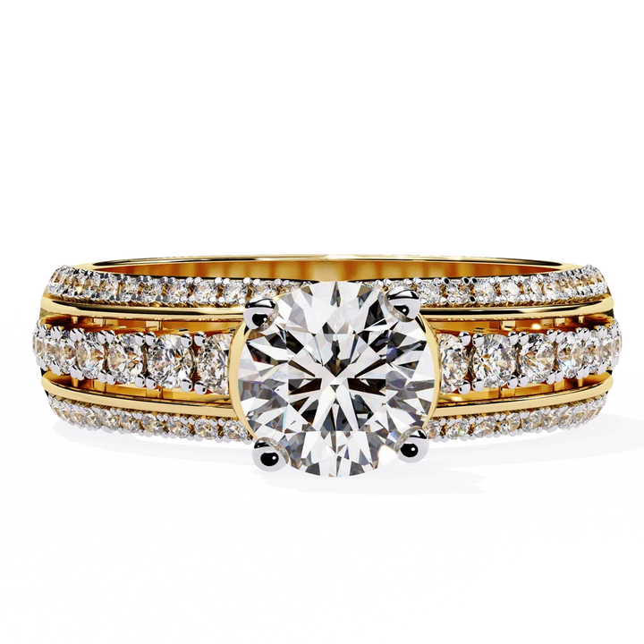 Luxury Round Brilliant Diamond Three-Row Gold Engagement Ring – Triple Pavé Band Statement Ring