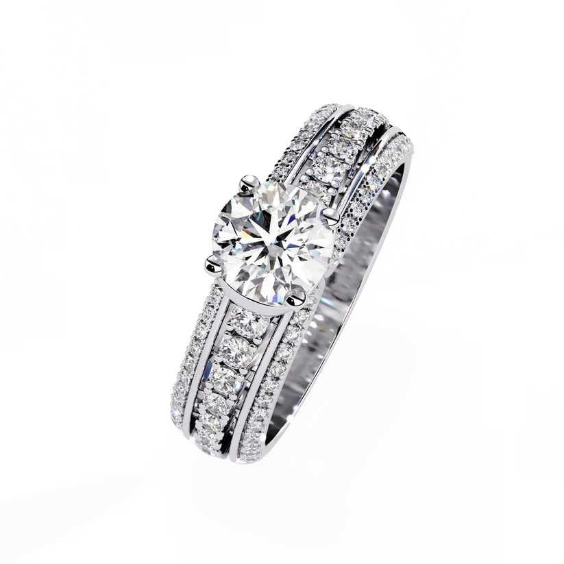Luxury Round Brilliant Diamond Three-Row Gold Engagement Ring – Triple Pavé Band Statement Ring