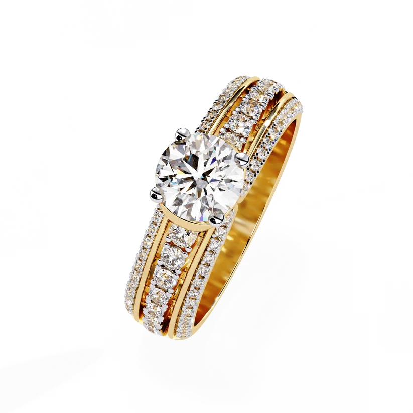 Luxury Round Brilliant Diamond Three-Row Gold Engagement Ring – Triple Pavé Band Statement Ring