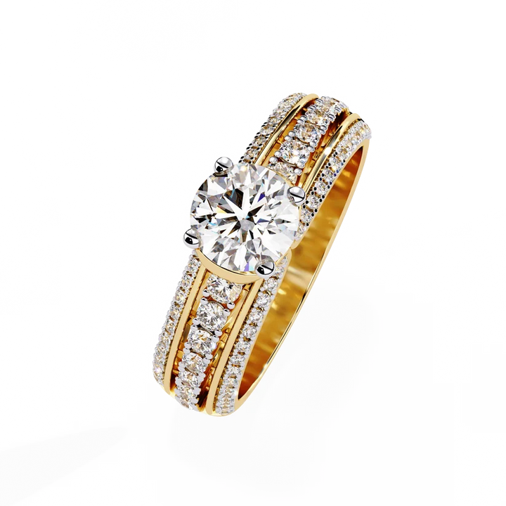 Luxury Round Brilliant Diamond Three-Row Gold Engagement Ring – Triple Pavé Band Statement Ring
