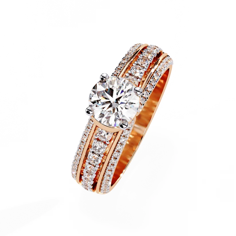 Luxury Round Brilliant Diamond Three-Row Gold Engagement Ring – Triple Pavé Band Statement Ring
