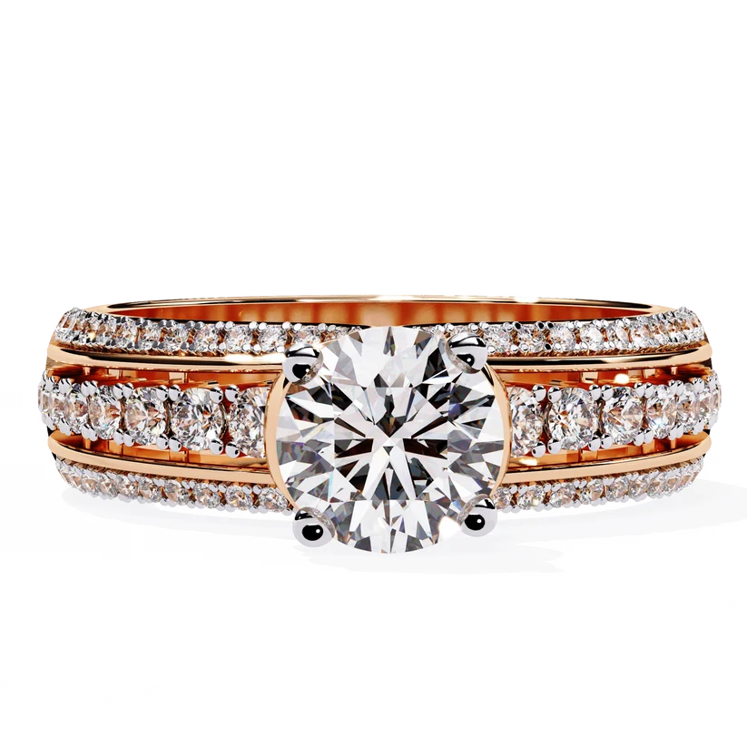 Luxury Round Brilliant Diamond Three-Row Gold Engagement Ring – Triple Pavé Band Statement Ring
