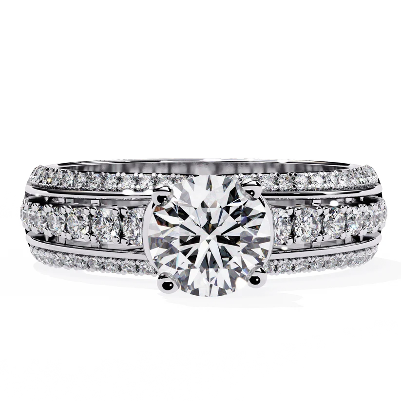 Luxury Round Brilliant Diamond Three-Row Gold Engagement Ring – Triple Pavé Band Statement Ring