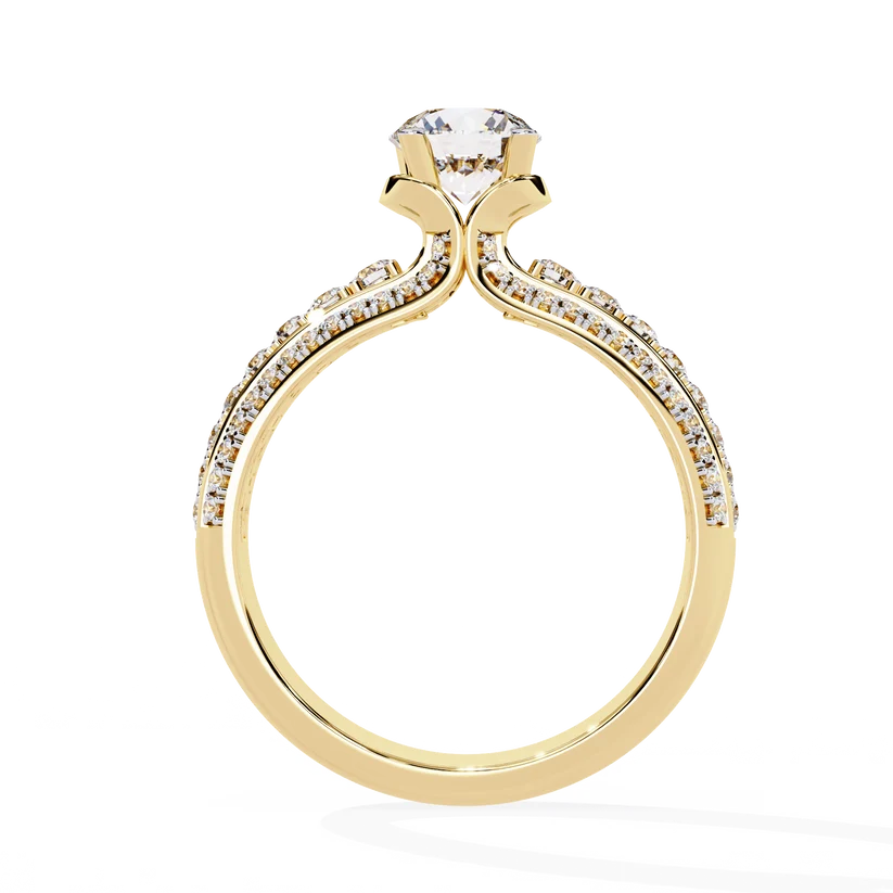 Luxury Round Brilliant Diamond Three-Row Gold Engagement Ring – Triple Pavé Band Statement Ring