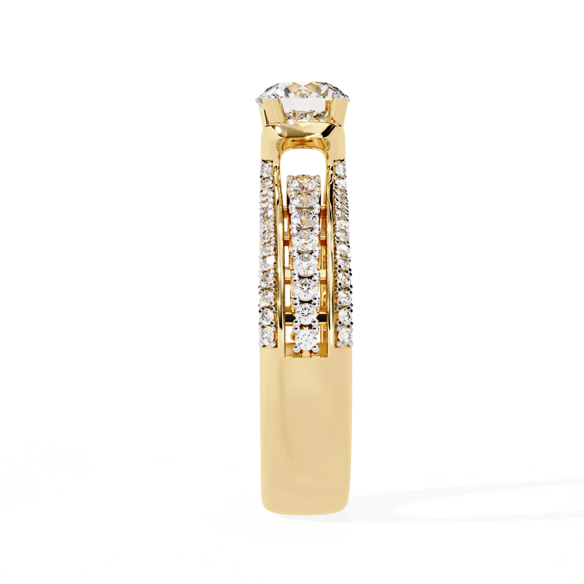 Luxury Round Brilliant Diamond Three-Row Gold Engagement Ring – Triple Pavé Band Statement Ring