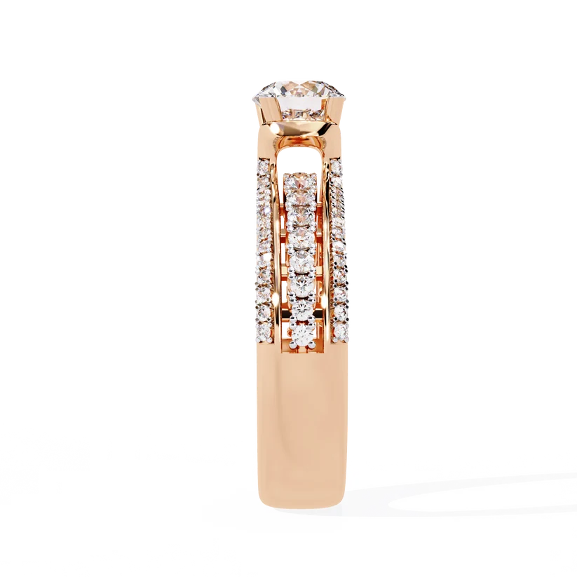 Luxury Round Brilliant Diamond Three-Row Gold Engagement Ring – Triple Pavé Band Statement Ring
