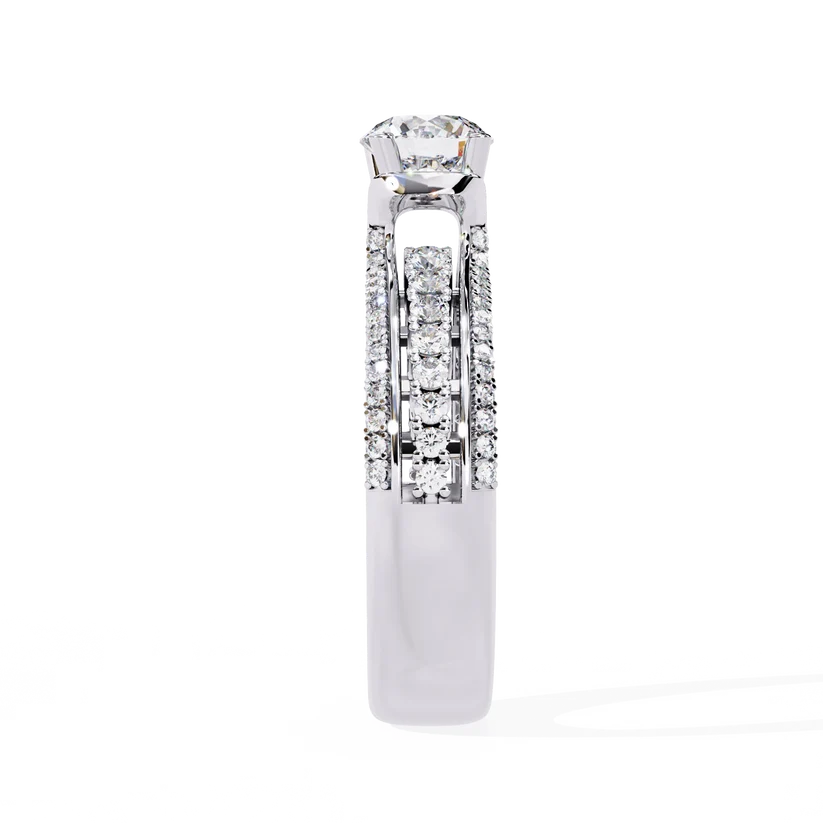 Luxury Round Brilliant Diamond Three-Row Gold Engagement Ring – Triple Pavé Band Statement Ring