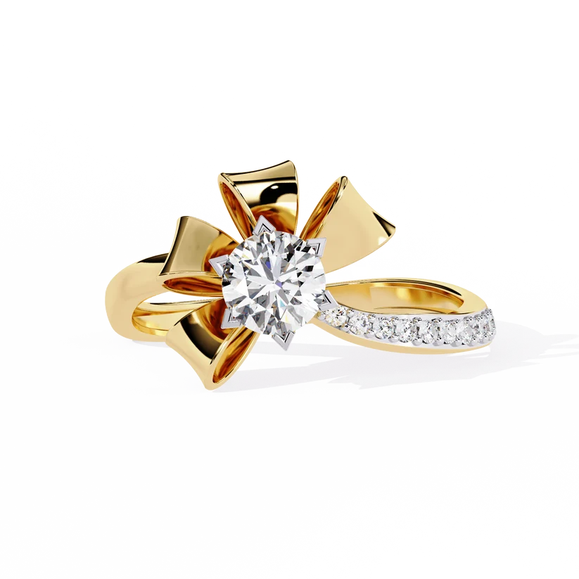 Floral Twist Round Diamond Gold Engagement Ring – Modern Sculptural Statement Ring for Women