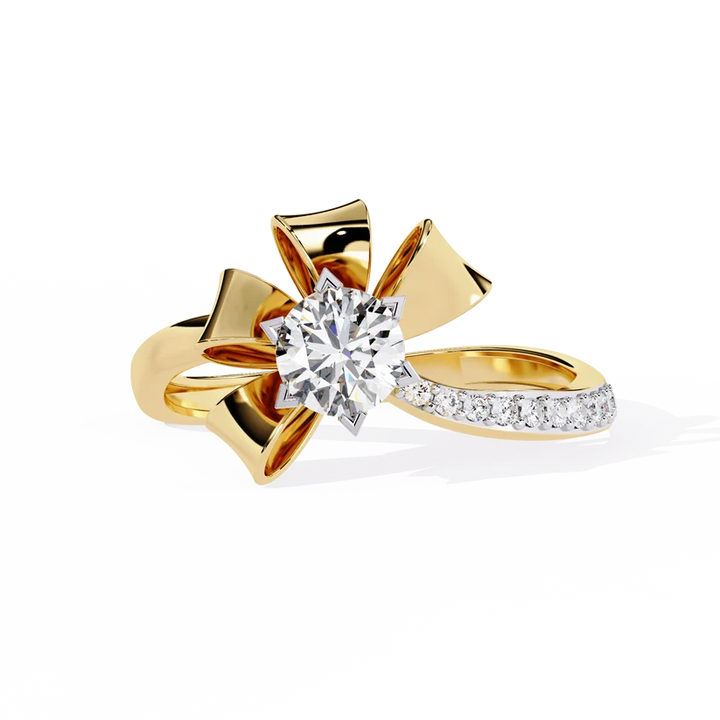 Floral Twist Round Diamond Gold Engagement Ring – Modern Sculptural Statement Ring for Women