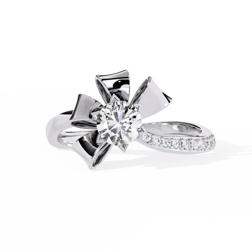 Floral Twist Round Diamond Gold Engagement Ring – Modern Sculptural Statement Ring for Women
