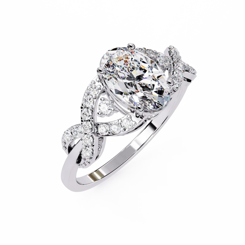 Elegant Oval Diamond Twist Halo Gold Ring – Pavé Diamond Infinity Band