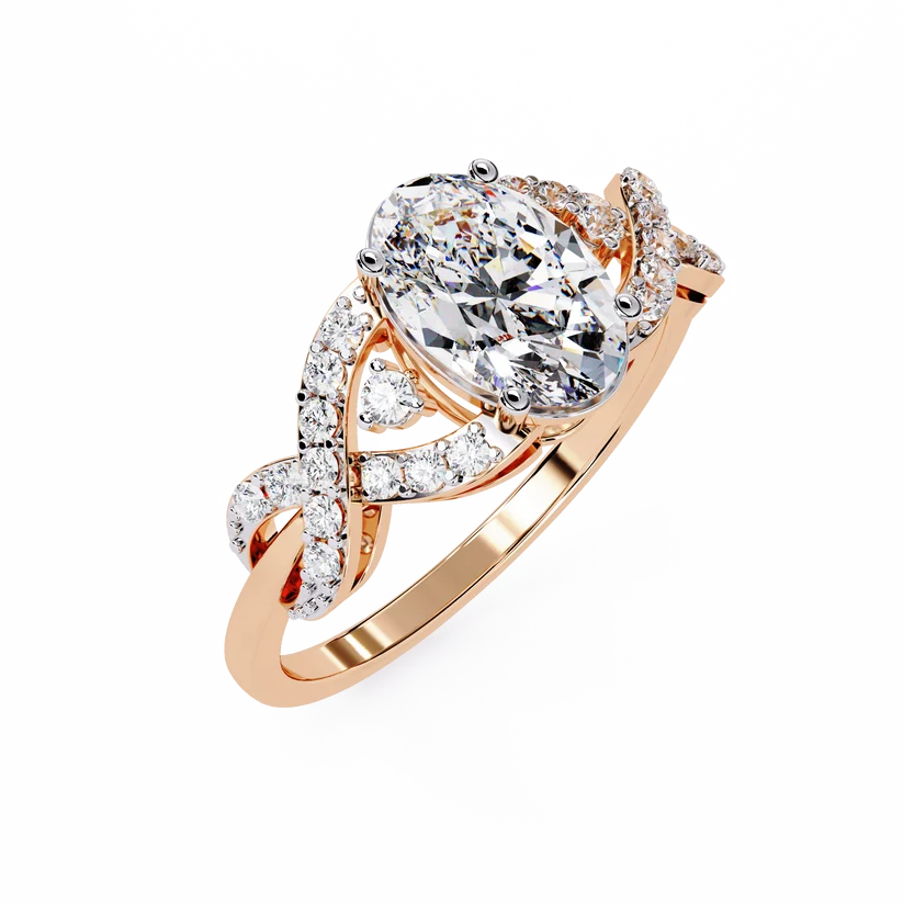 Elegant Oval Diamond Twist Halo Gold Ring – Pavé Diamond Infinity Band