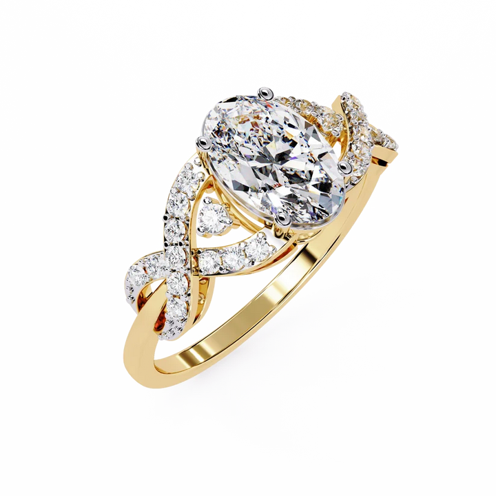 Elegant Oval Diamond Twist Halo Gold Ring – Pavé Diamond Infinity Band