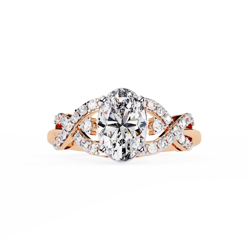 Elegant Oval Diamond Twist Halo Gold Ring – Pavé Diamond Infinity Band