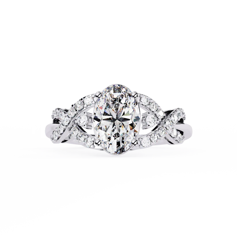Elegant Oval Diamond Twist Halo Gold Ring – Pavé Diamond Infinity Band