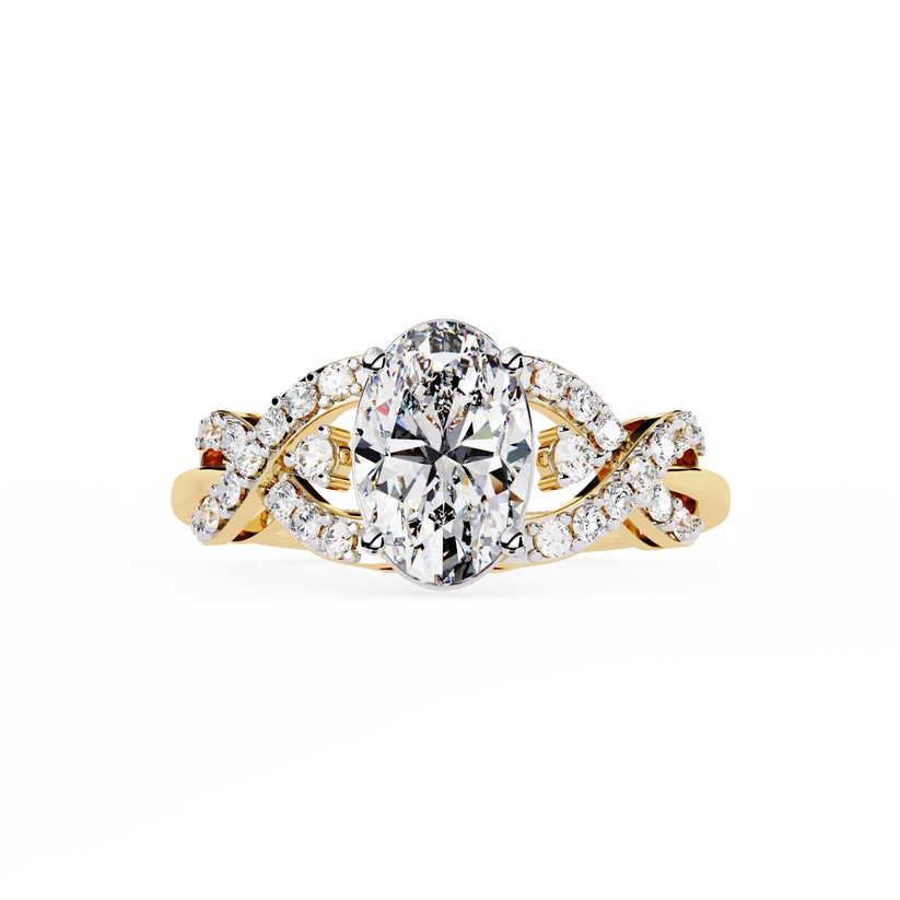 Elegant Oval Diamond Twist Halo Gold Ring – Pavé Diamond Infinity Band