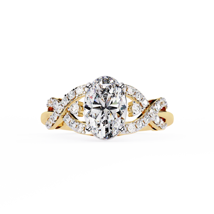 Elegant Oval Diamond Twist Halo Gold Ring – Pavé Diamond Infinity Band