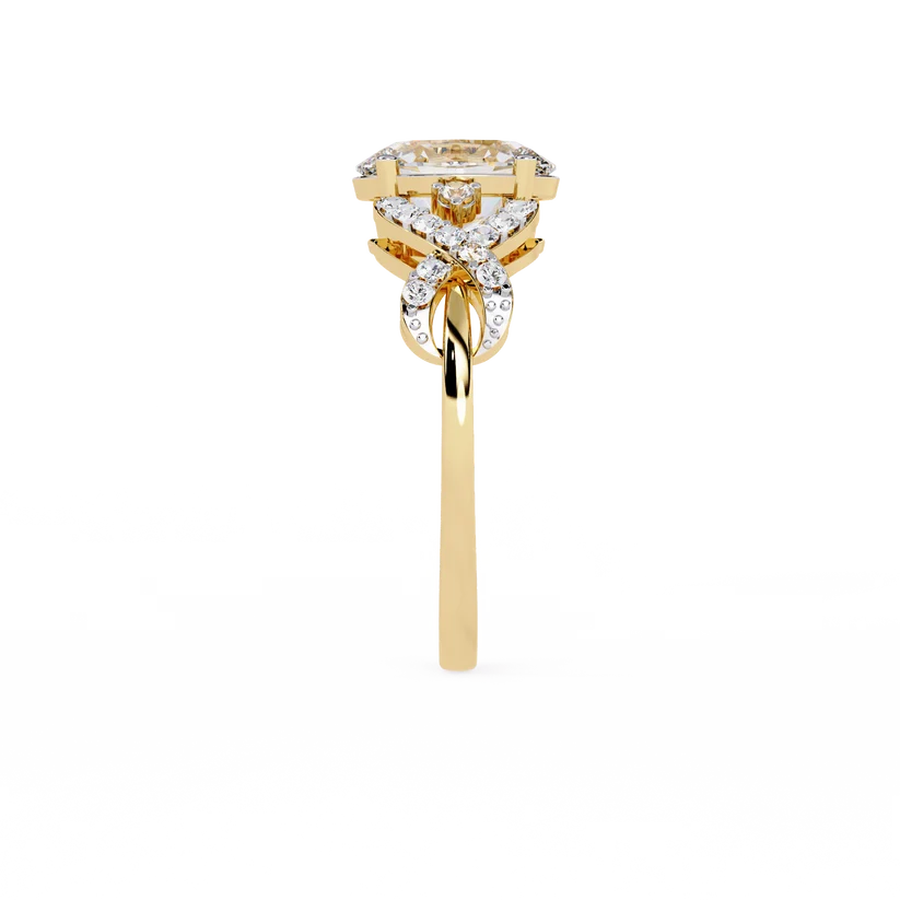 Elegant Oval Diamond Twist Halo Gold Ring – Pavé Diamond Infinity Band