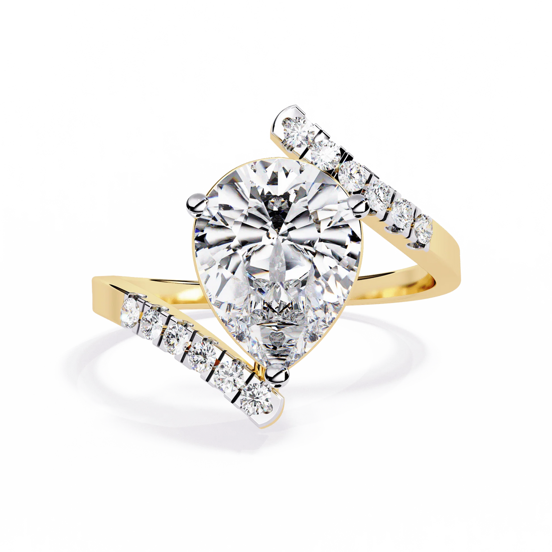 Pear-Shaped Diamond Twist Halo Gold Ring – Pavé Diamond Crossover Engagement Ring