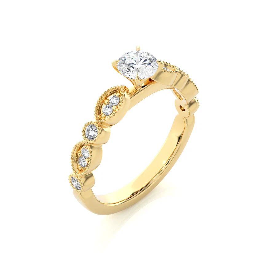 Vintage Milgrain Round Diamond Floral Engagement Ring in Solid Gold