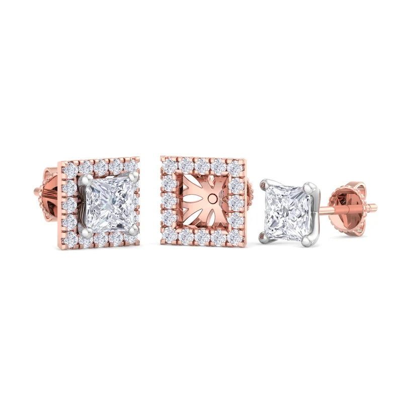 Princess-Cut Diamond Halo Stud Earrings in Gold