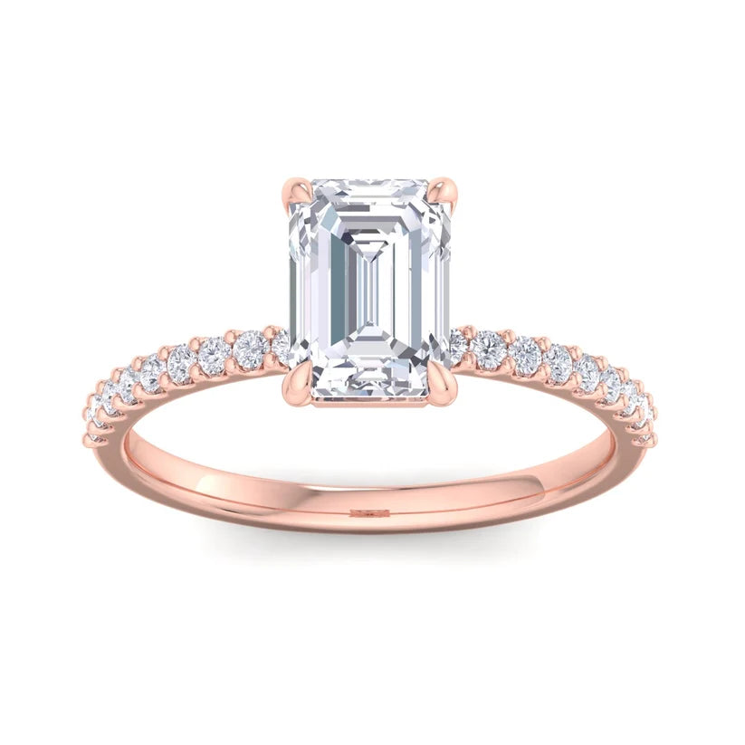 Emerald Cut Diamond Solitaire Engagement Ring with Pavé Band in Gold