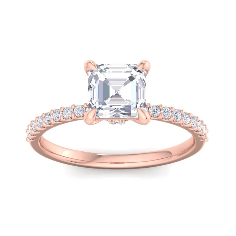 Asscher Cut Diamond Solitaire Engagement Ring | Solid Yellow Gold | Pavé Diamond Band | Classic Four-Prong Setting | Gift for Her