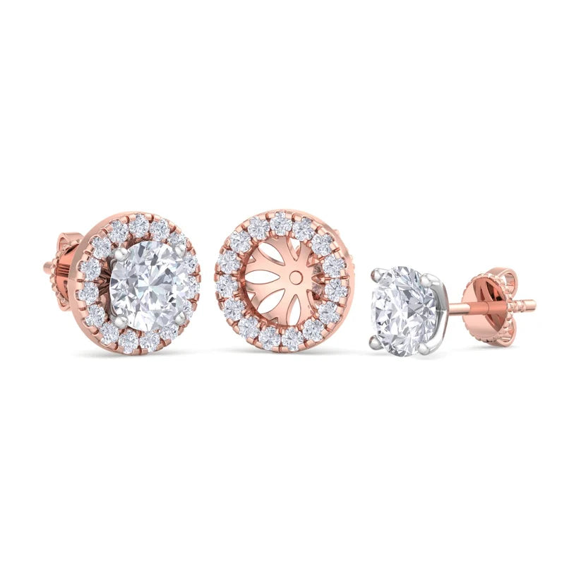 Gold Round Brilliant Halo Diamond Stud Earrings | Luxury Jewelry