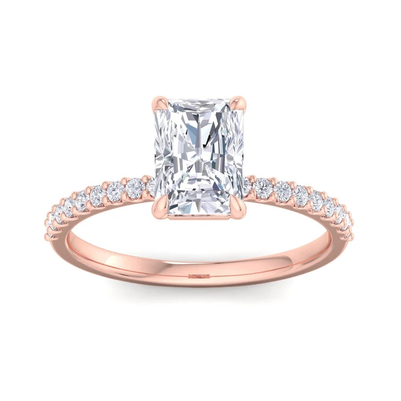 Radiant Cut Diamond Solitaire Engagement Ring with Pavé Band in Yellow Gold