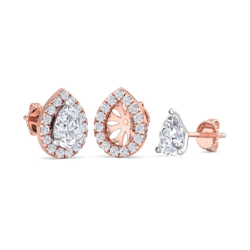 Pear-Shaped Diamond Halo Stud Earrings in Gold