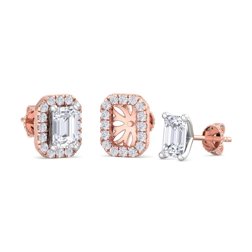Emerald-Cut Diamond Halo Stud Earrings – Luxury Gold Frame Design