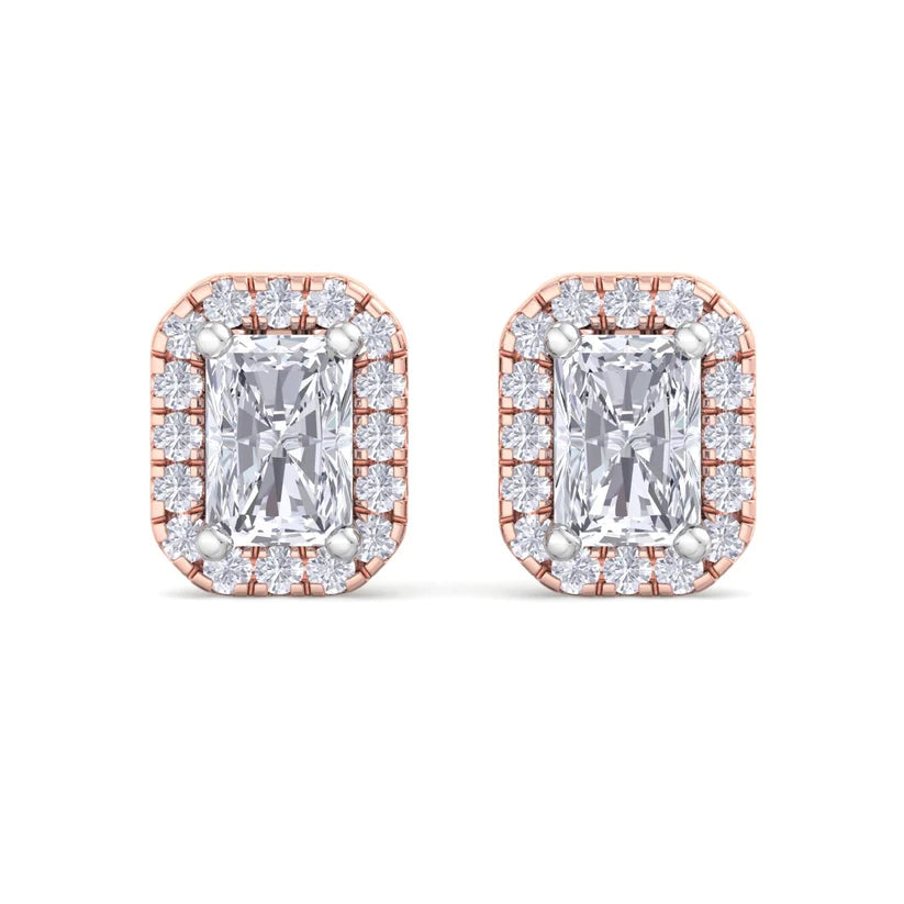 Radiant-Cut Diamond Halo Stud Earrings in Gold