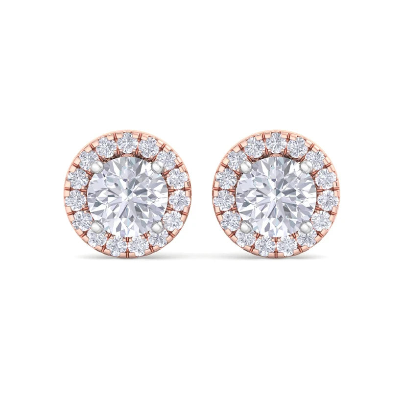 Gold Round Brilliant Halo Diamond Stud Earrings | Luxury Jewelry