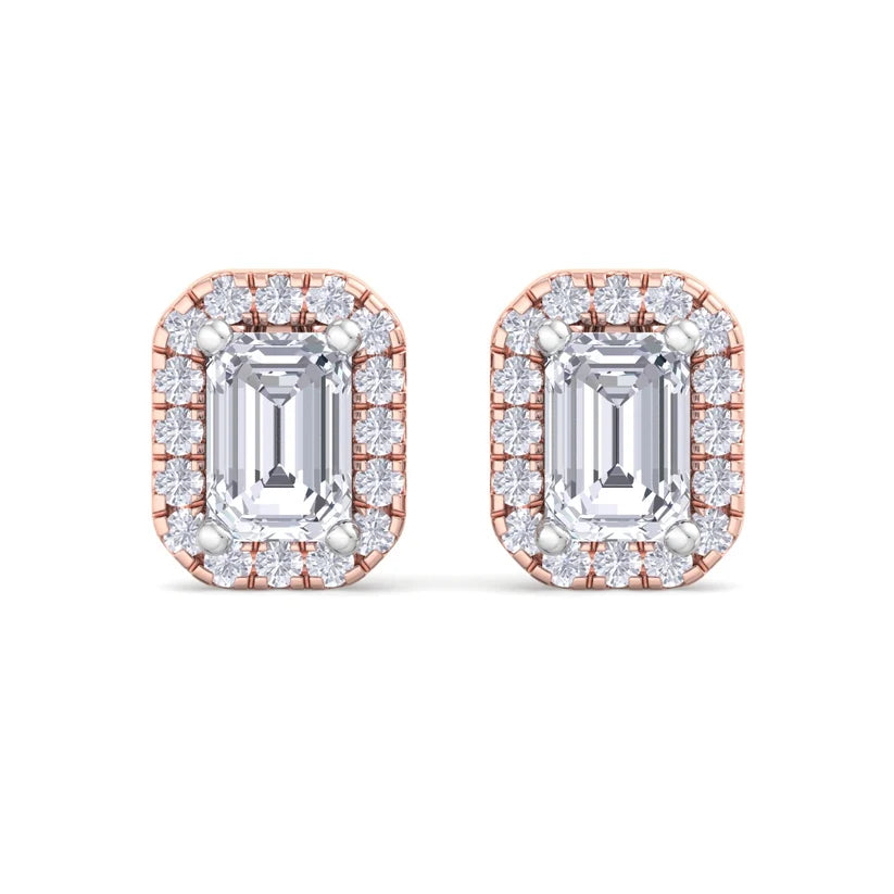 Emerald-Cut Diamond Halo Stud Earrings – Luxury Gold Frame Design