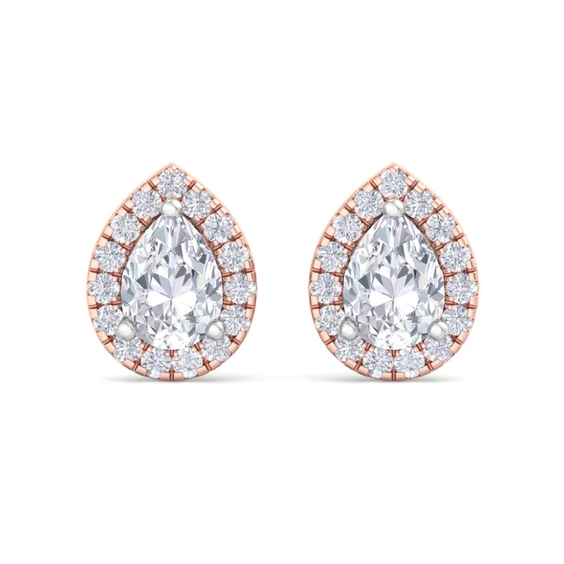 Pear-Shaped Diamond Halo Stud Earrings in Gold