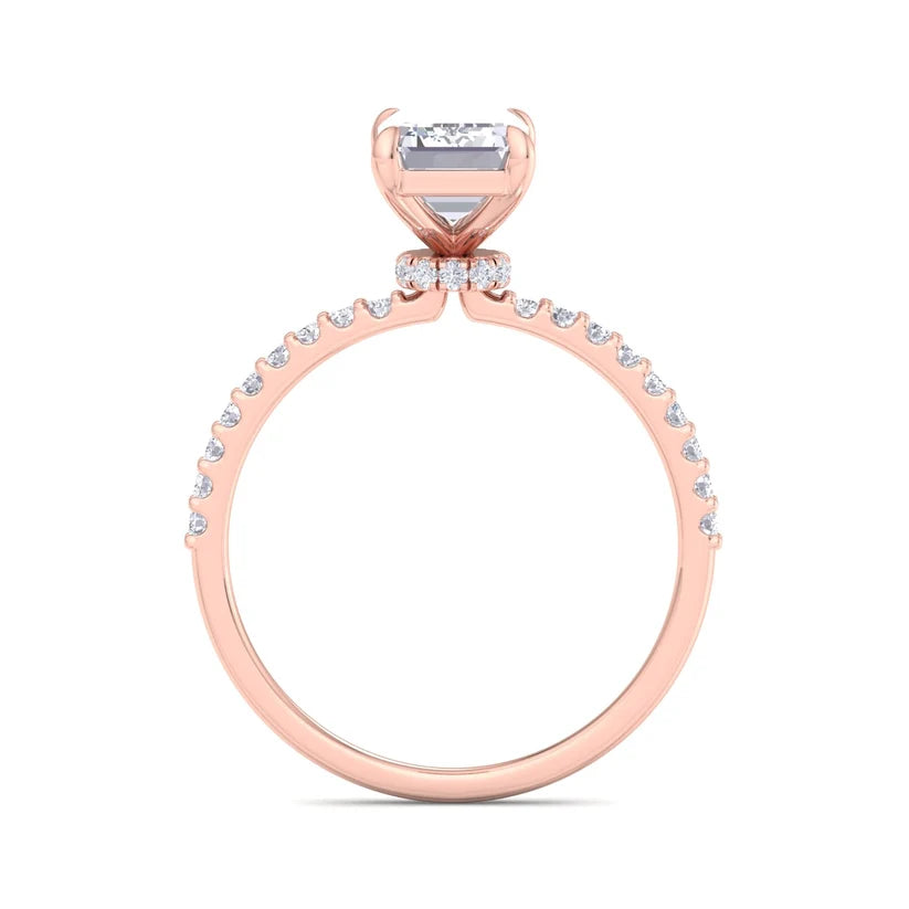 Emerald Cut Diamond Solitaire Engagement Ring with Pavé Band in Gold