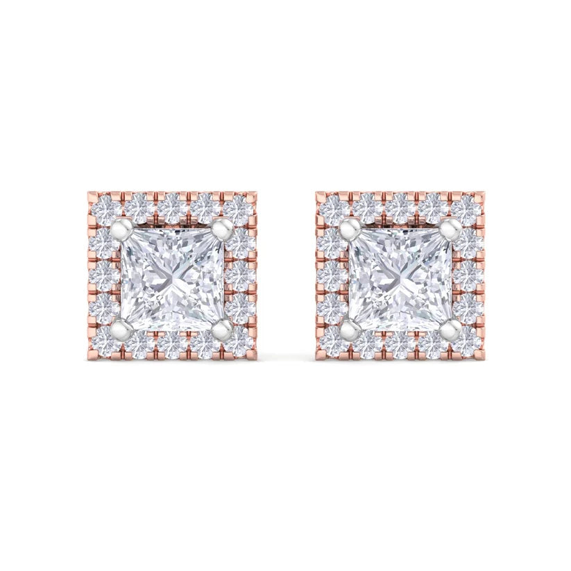 Princess-Cut Diamond Halo Stud Earrings in Gold