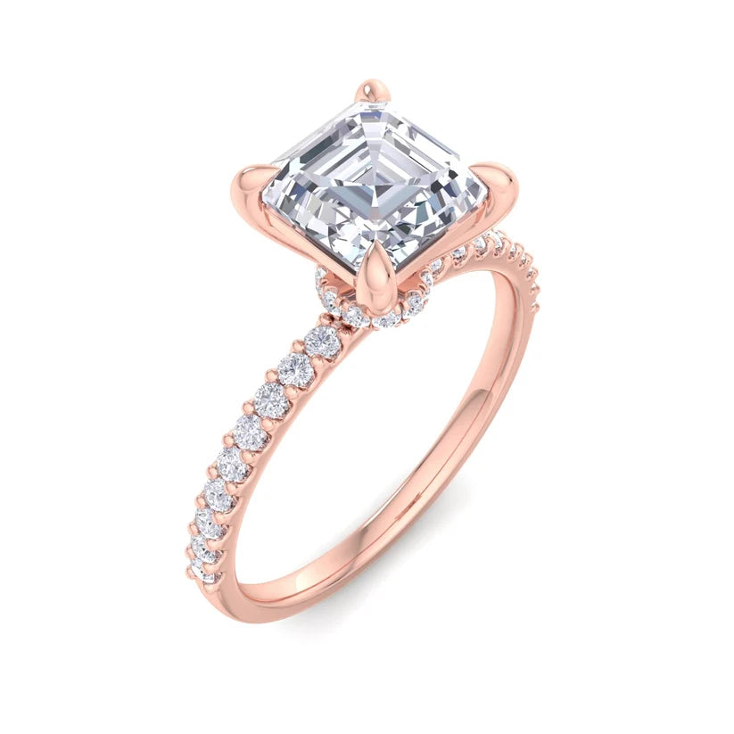 Asscher Cut Diamond Solitaire Engagement Ring | Solid Yellow Gold | Pavé Diamond Band | Classic Four-Prong Setting | Gift for Her
