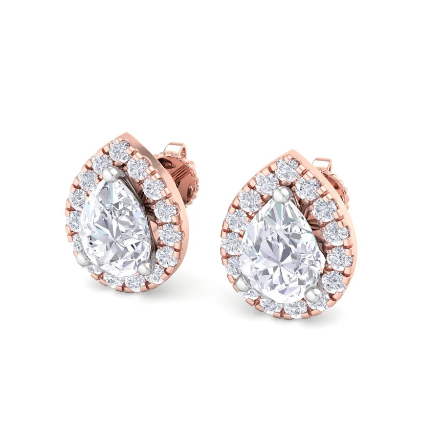 Pear-Shaped Diamond Halo Stud Earrings in Gold