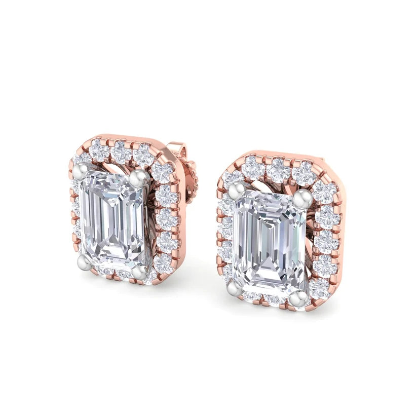 Emerald-Cut Diamond Halo Stud Earrings – Luxury Gold Frame Design