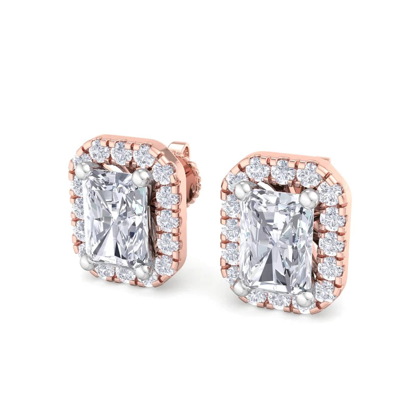 Radiant-Cut Diamond Halo Stud Earrings in Gold