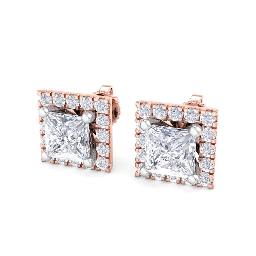 Princess-Cut Diamond Halo Stud Earrings in Gold